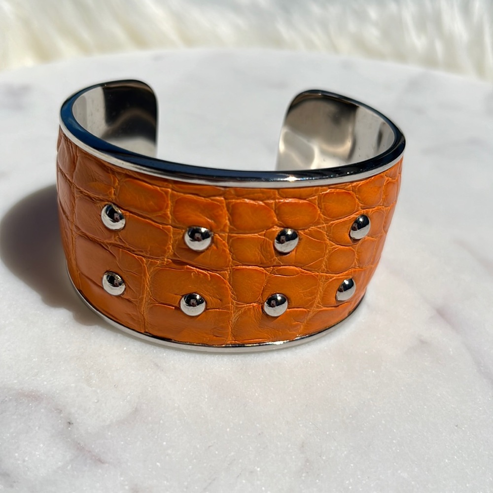 Authentic Tod’s Orange Croc Leather With Silver Studded Metal Cuff Bracelet